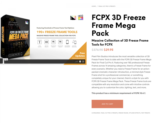 Image of the FCPX 3D Freeze Frame Mega Pack on the Pixel Film Studios website