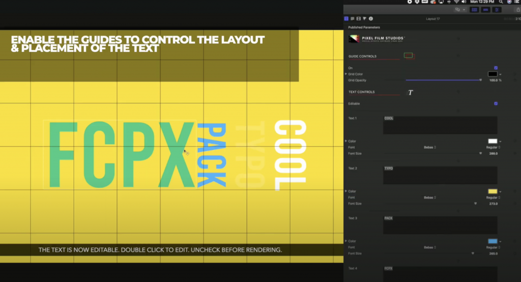 A preview of the inspector controls for Pixel Film Studios' FCPX Kinetic Text Mega Pack