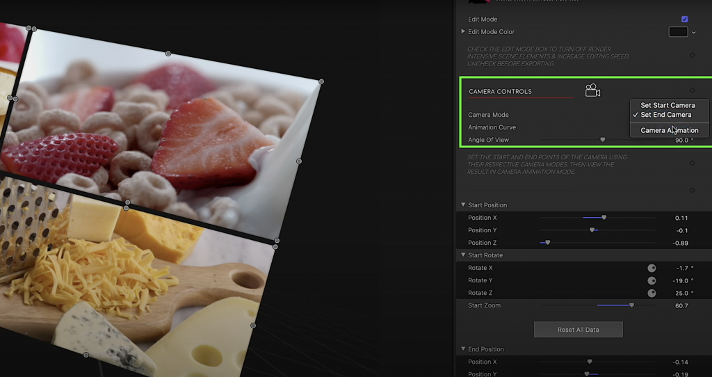 Example of the camera controls in the inspector in FCPX Walls